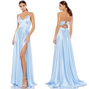Mac Duggal Satin Strappy Back High Slit Gown 55278 Powder Blue Size 10 UB